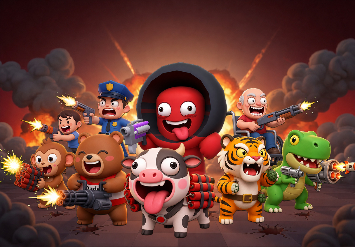 Boomsday key art: the whole adorable cast, heavily armed and screaming
