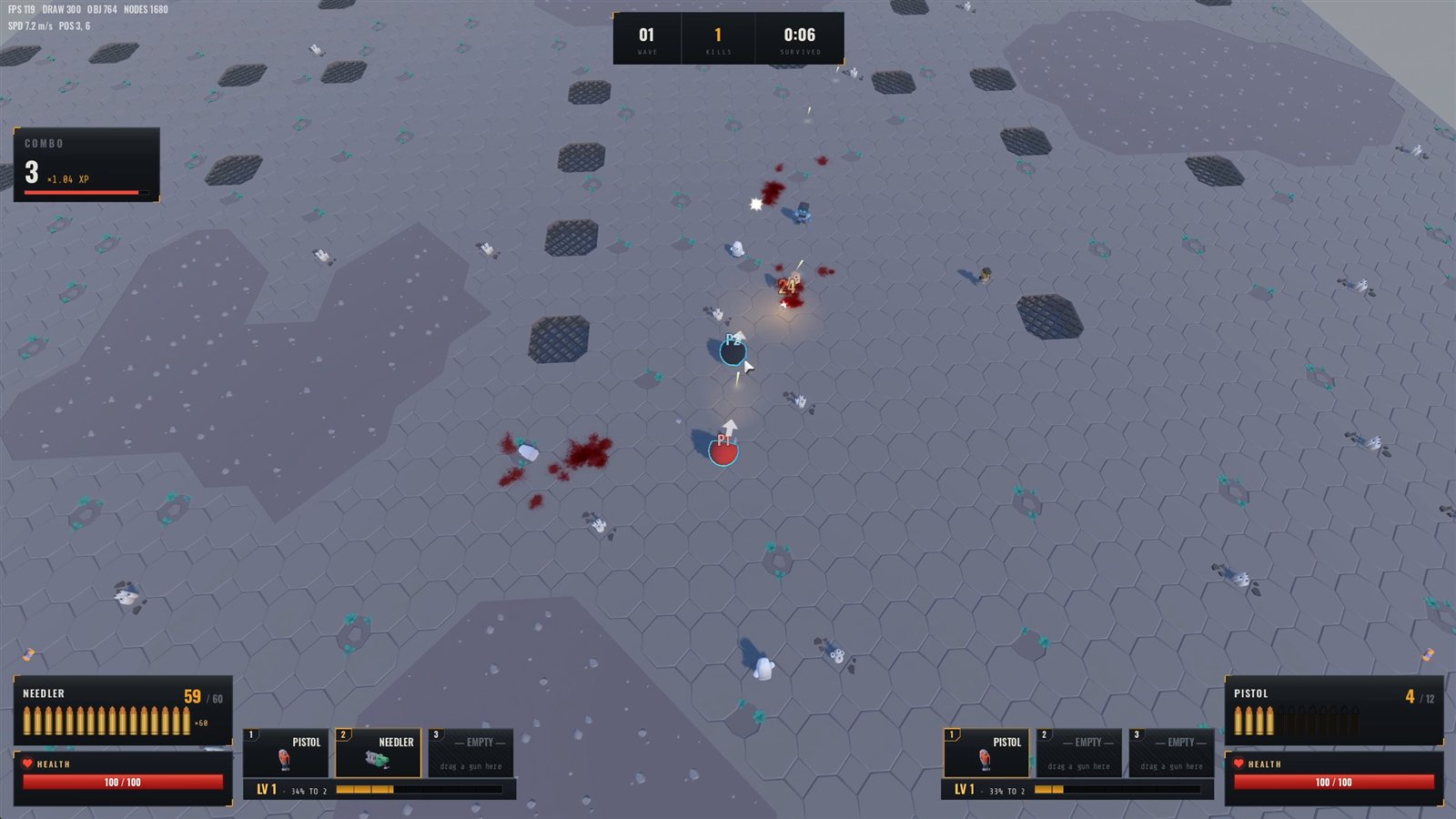 Two-player co-op on the open field, both HUDs up, blood already on the floor