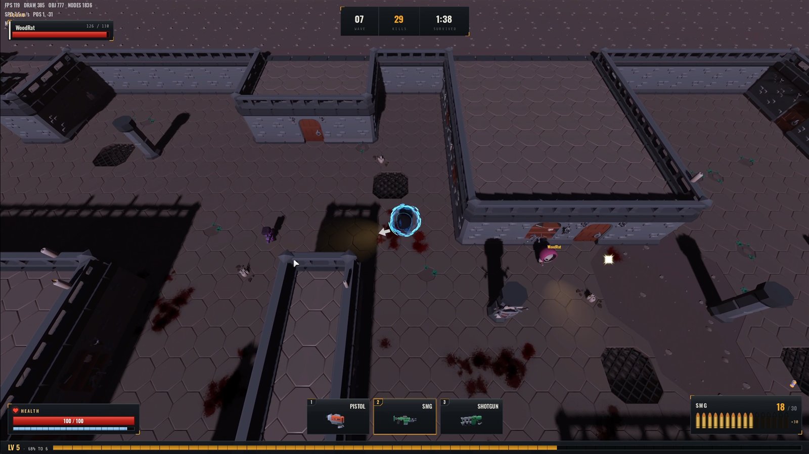 Dungeon mode: walled arena, wave 7, blood everywhere